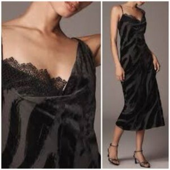 Anthropologie Velvet Burnout Cowl-Neck Lace Trim Midi Slip Dress Medium - Picture 1 of 13